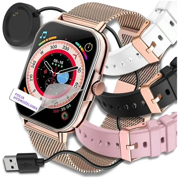 SMARTWATCH DAMSKI ZEGAREK POLSKIE MENU ROZMOWY EKG PULS SMART WATCH 4 PASKI
