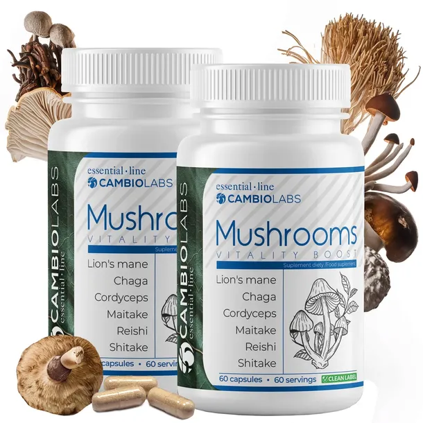 Grzyby 6w1 kapsułki 60 Lions Mane Chaga Reishi Cordyceps Maitake Shiitake