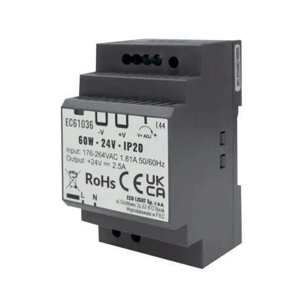 ZASILACZ NA SZYNĘ DIN 60W 24V TRANSFORMATOR DO DOMOFONÓW TAŚM LED IP20