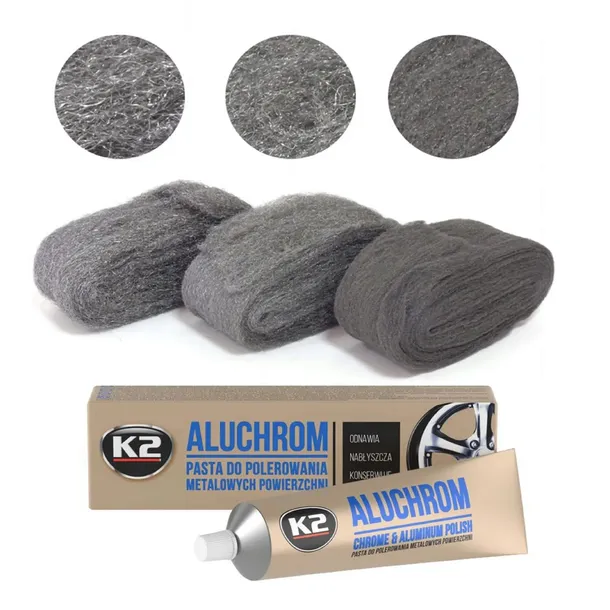ZESTAW DO POLEROWANIA METALU 3 x WEŁNA STALOWA + PASTA K2 ALUCHROM POLERKA