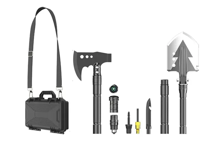 Zestaw survivalowy saperka toporek nóż krzesiwo 13w1 multitool w skrzynce