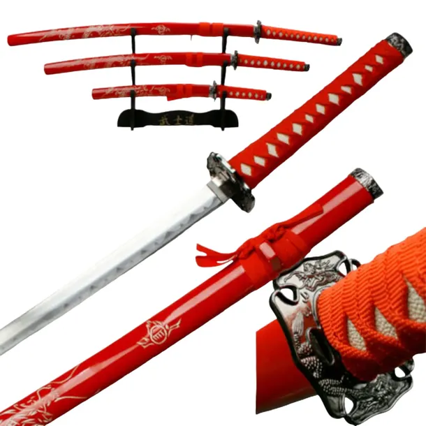 CZERWONY SMOK ZESTAW KATANA WAKIZASHI TANTO HK1109