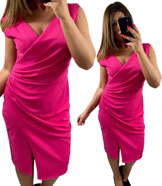 Sukienka na wesele Plus size Marszczona Wyszczuplająca Fuksja Rozmiary 46