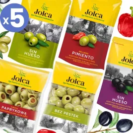 5x-oliwki-hiszpanskie-zielone-z-papryka-czarne-w-saszetce-75-190-g-jolca