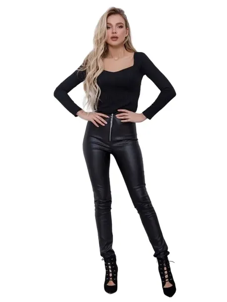 CZARNE WOSKOWANE LEGGINSY Z ZAMKIEM WYSOKI STAN IMITACJA SKÓRY