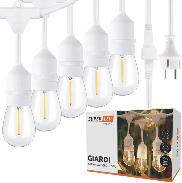 Girlanda ogrodowa Zewnętrzna Łańcuch BIAŁY 20m + 20x żarówka LED E27 Ślub