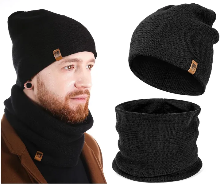 KLASYCZNY KOMPLET CZAPKA MĘSKA ZIMOWA DWUWARSTWOWA KOMIN TUBA CZARNY HEYO