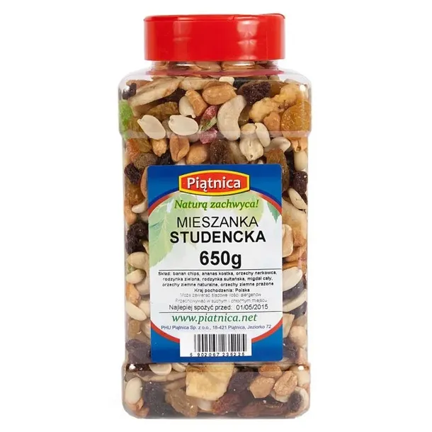 Mieszanka Studencka Słoik 650g PIĄTNICA suszone owoce i orzechy