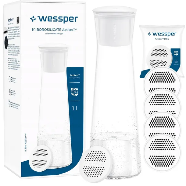 Szklana karafka filtrująca Wessper K1 BOROSCILICATE 1L + 5x filtr wody