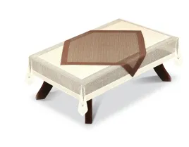 kremowy-obrus-zakardowy-na-stol-z-serweta-brazowa-120x160cm