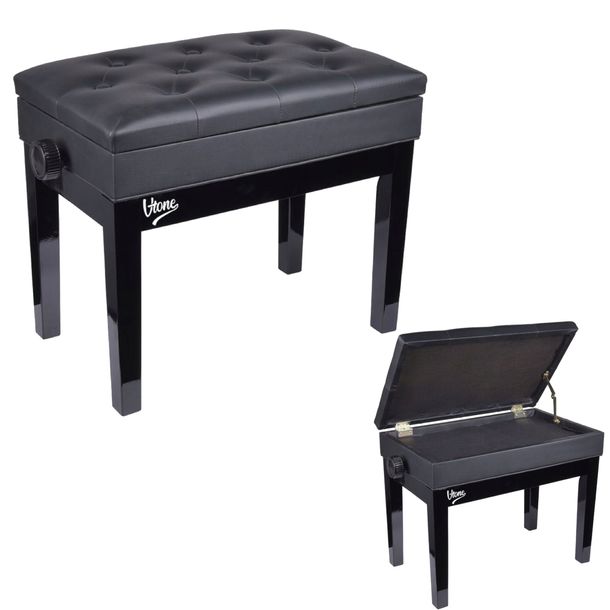 ŁAWA DO PIANINA REGULOWANA ZE SCHOWKIEM NA NUTY DREWNIANA 45-55 CM CZARNA
