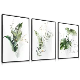 zestaw-3x-plakat-w-ramie-do-salonu-akwarele-tropikalne-liscie-natura-60x80