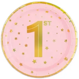 talerzyki-rozowe-w-zlote-gwiazdki-1st-roczek-dziewczynka-roz-18-cm-6-sztuk