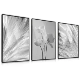 zestaw-3x-plakat-w-ramie-czarno-biale-piora-tulipany-kwiaty-do-salonu-30x40