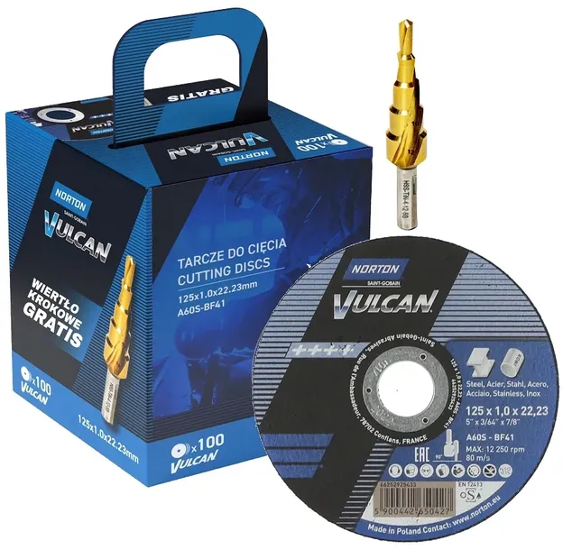 VULCAN 125X1,0 TARCZA TARCZE DO CIĘCIA METALU 100E+WIERTŁO CHOINKOWE NORTON
