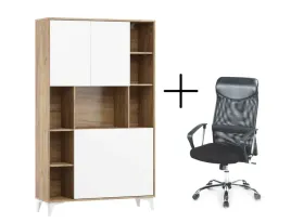 biurko-rozkladane-regal-megan-2-dab-craft-bialy-fotel-vire-czarny