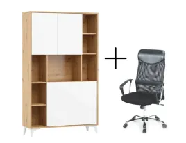 biurko-rozkladane-regal-megan-2-artisan-bialy-fotel-do-biurka-vire-czarny