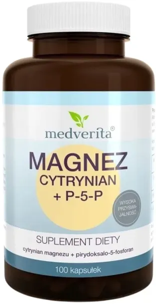 Medverita Magnez cytrynian + P-5-P 100 kapsułek Skurcze mięśni Koncentracja