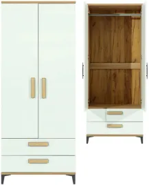 szafa-mlodziezowa-waska-dwudrzwiowa-z-szufladami-dab-bialy-polysk-kubo-kb05