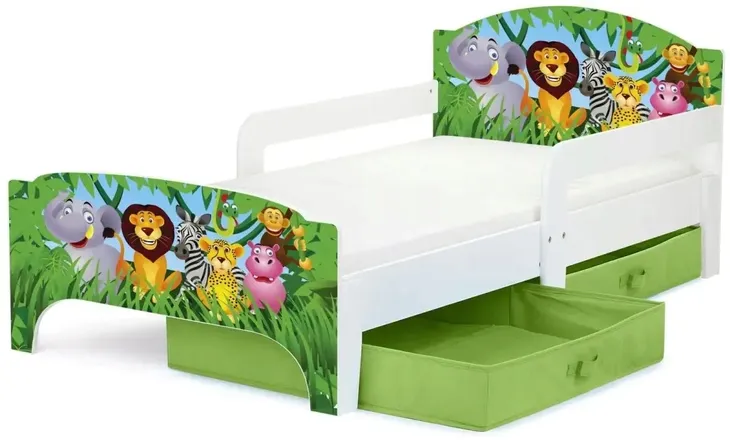  Łóżko dla Dzieci SMART 140x70 cm z Materacem, Szufladami, Barierkami, Kolorowy Nadruk UV