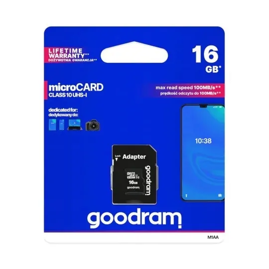 KARTA PAMIĘCI MICRO MICROSD SDHC 16GB CL10 UHS-I + ADAPTER GOODRAM