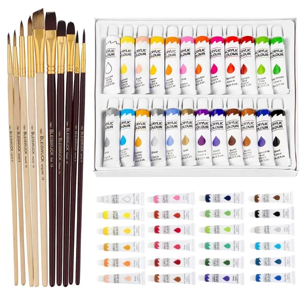 FARBY AKRYLOWE Zestaw Farb Akrylowych 24x12 ml Pędzle Malarskie 10szt