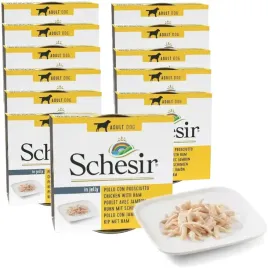 mokra-karma-dla-psa-schesir-adult-fileciki-z-kurczaka-i-szynka-12x150g