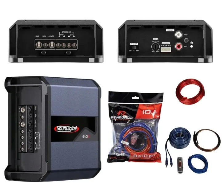 WZMACNIACZ SAMOCHODOWY DWUKANAŁOWY SOUNDIGITAL 400.2 2x132W + ZESTAW KABLI