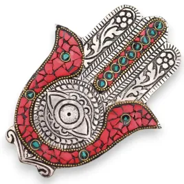 podstawka-z-polerowanego-aluminium-mala-czerwono-zielona-hamsa