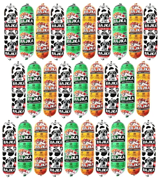 Karma dla psa mokra baton Bajka 80% i 90% mięsa mix smaków 1kg - 29 sztuk