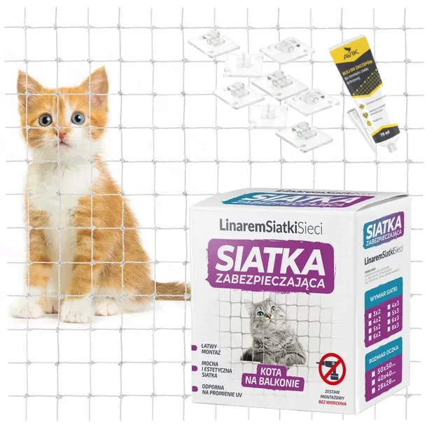 ZESTAW BEZINWAZYJNY BIAŁA SIATKA NA BALKON DLA KOTA 8x3 BEZPIECZNE KOTY