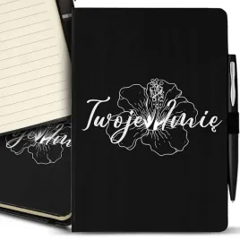 personalizowany-notes-a5-czarny-dlugopis-kwiat