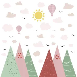 naklejki-scienne-dla-dzieci-gory-styl-boho-chmurki-balony-ptaki-zestaw
