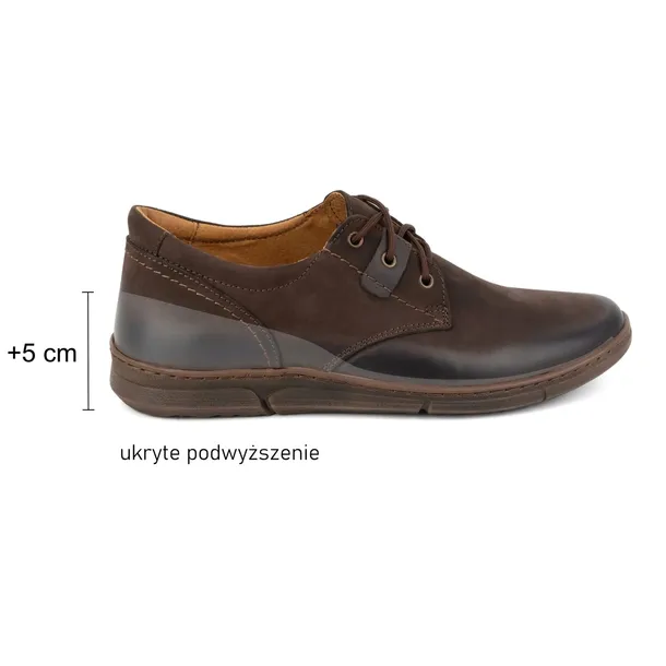 Buty męskie podwyższające CASUAL sznurowane skórzane 237KZ + 5cm Brązowe 39