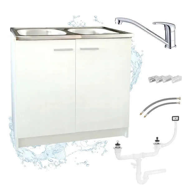 Szafka Kuchenna Biała Zlew 2 Komory 80 x 50 + Bateria Chrom Niska + Syfon