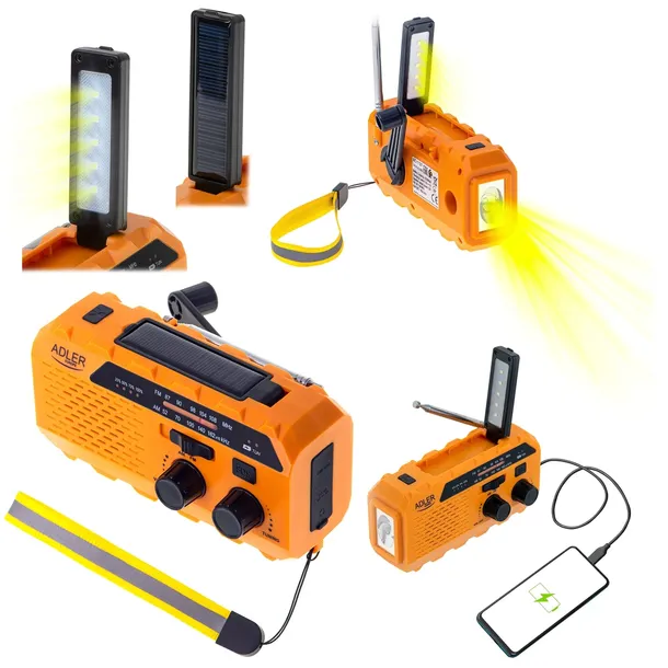 PRZENOŚNE RADIO FM SOLARNE KORBKA ALARM DYNAMO AWARYJNE LATARKA 1200mAh