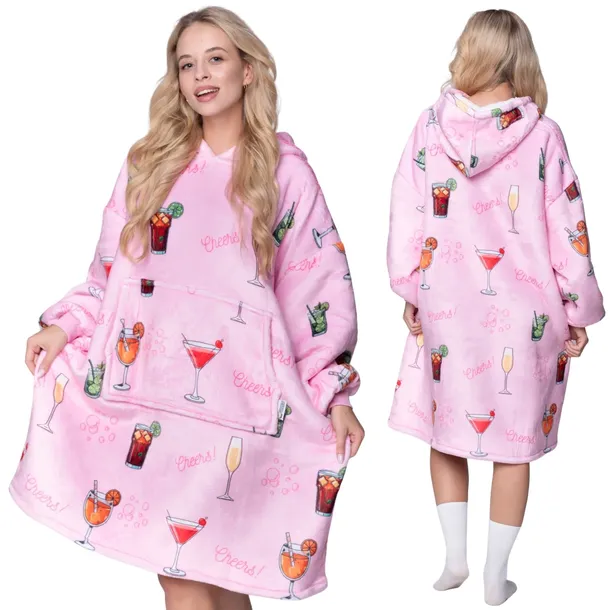 KOC BLUZA Oversize Ciepła Gruba KOCOBLUZA 2w1 DRINKI Futrzak z Kapturem