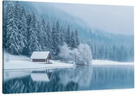 obraz-na-plotnie-do-salonu-domek-nad-jeziorem-zima-las-jezioro-120x80