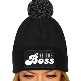 czapka-pompon-bawelniana-zimowa-czarna-motywacyjne-be-the-boss-wzory