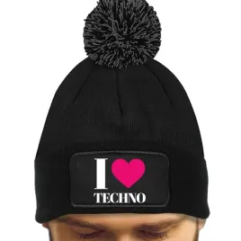 czapka-pompon-bawelniana-zimowa-czarna-muzyczne-i-love-techno-wzory