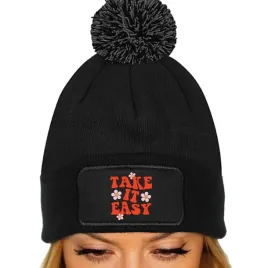 czapka-pompon-jesienna-bawelniana-zimowa-czarna-beanie-take-it-easy-wzory