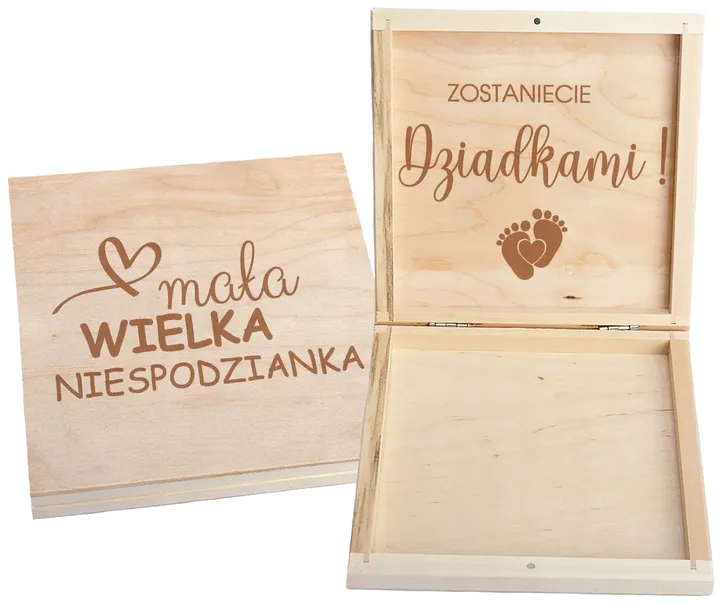 DREWNIANE PUDEŁKO SKRZYNKA POWIADOMIENIE O CIĄŻY NADRUK GRAWER