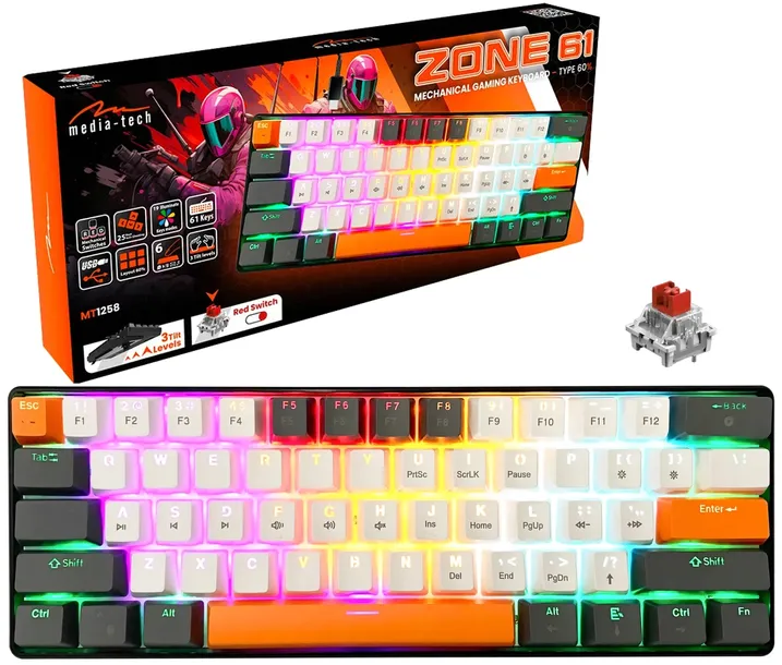 Klawiatura mechaniczna Media-Tech ZONE 61 MT1258 Przełączniki RED układ 60%