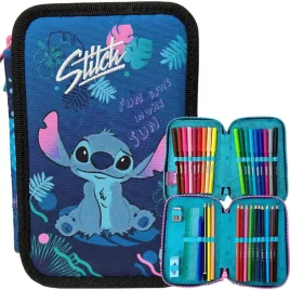 coolpack-piornik-szkolny-dwukomorowy-wyposazenie-kredki-flamastry-stitch