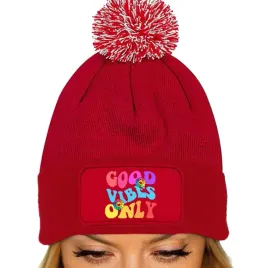 czapka-pompon-bawelniana-zimowa-czerwona-motywacyjne-good-vibes-only-wzory