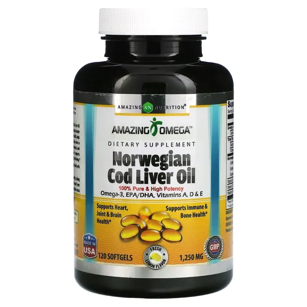 Amazing Nutrition, Norweskie Oleje z Wątroby dorsza, Lemon, 1,250 mg, 120 m