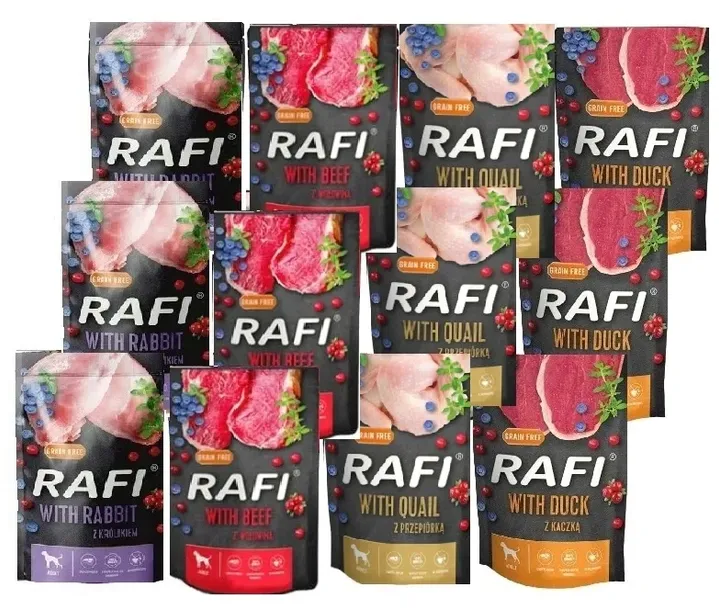 SASZETKI RAFI 24x 500g MIX 8 SMAKÓW MOKRA KARMA DLA PSA BEZ ZBÓŻ SASZETKA