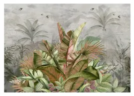 fototapeta-na-wymiar-rosliny-tropikalne-na-tle-palm-i-ptakow-strukturalna