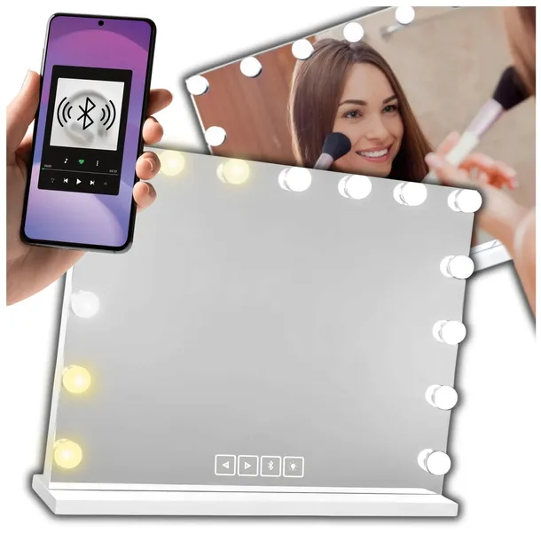Lustro Lusterko Kosmetyczne HOLYWOOD 58 x 46 cm 15 LED z BLUETOOTH