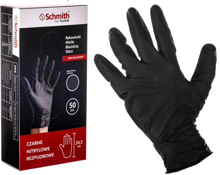 SCHMITH Rękawice Rękawiczki Nitrylowe PowerGrip Super Mocne 50 szt Czarne L